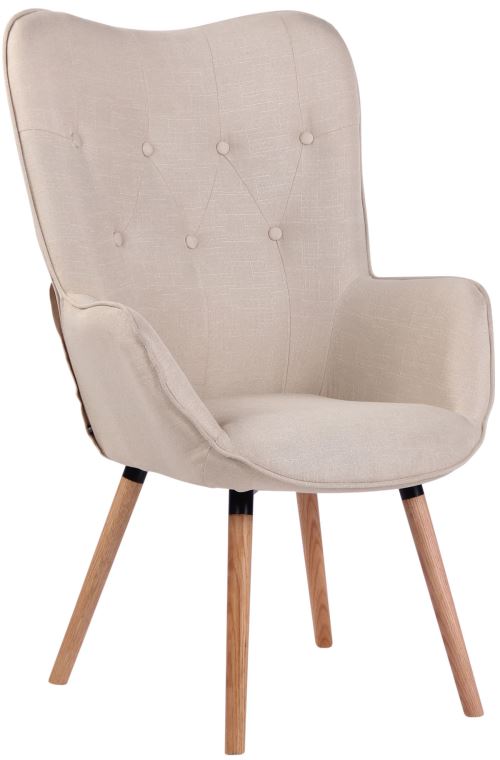 Chaise Lounge Ashford en Tissu - Chaise Fauteuil avec Accoudoirs - Piètement en Bois de Chêne Nature - Couleur Crème
