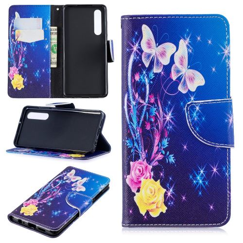 Etui en PU impression de motifs avec support roses et papillons pour votre Huawei P30