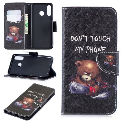 Etui en PU avec support l'ours et les mots d'avertissement pour votre Huawei P30 Lite