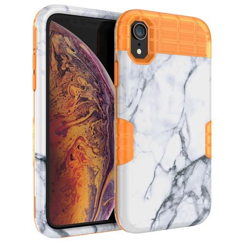 Coque en silicone combo 3 pièces en marbre blanc anti-chute orange pour votre Apple iPhone XR 6.1 inch