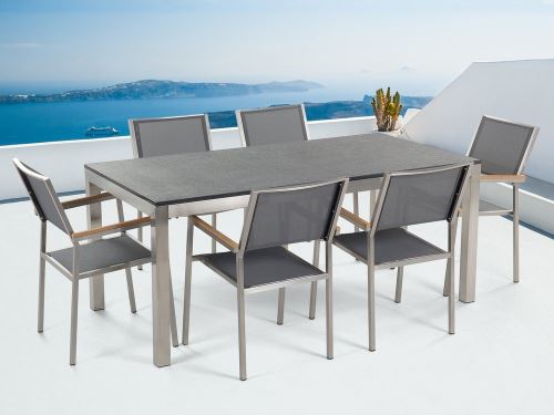 en Grosseto acier granit gris Beliani chaises de simple en cm noir textile flambé180 plateau 6 inox Table jardin vbyYfIgm76