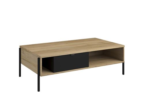 Table basse industrielle MEMPHIS - 1 tiroir et 2 niches - Coloris : chêne et noir