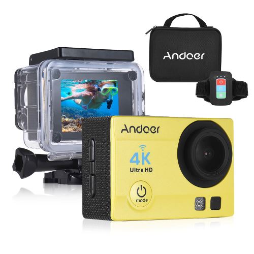 Andoer Q3H-R 4K Action Caméra de Sport 16MP WiFi 1080P 2 Étanche 30m avec Télécommande + Housse Jaune