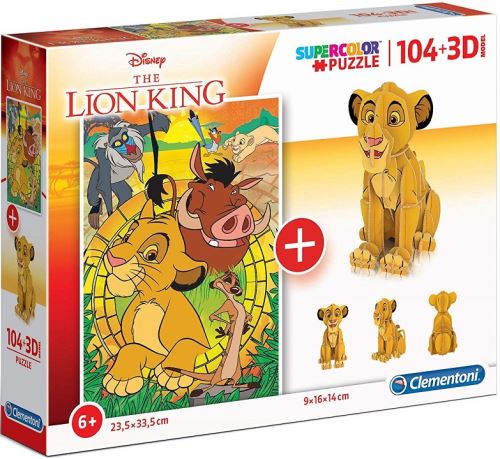 Coffret 2 puzzles enfant disney roi lion : 1 puzzle simba et ses amis 104 pieces + 1 puzzle 3d simba le roi lion