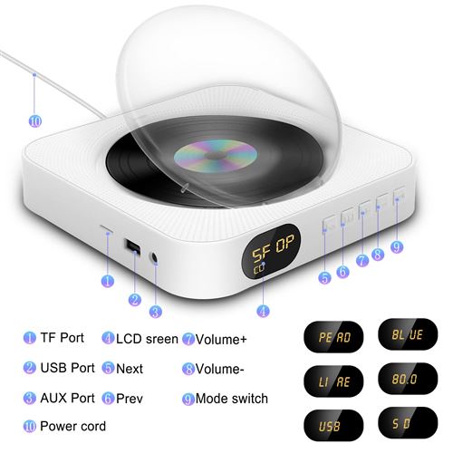 Lecteur CD Portable, Montage Bluetooth Mural, Haut-Parleur HiFi