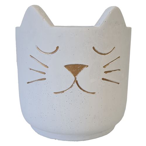 JOLIPA Cache-Pot en ciment Chat Blanc et Or - Hauteur 17 cm (sans les oreilles) - Diamètre 19 cm