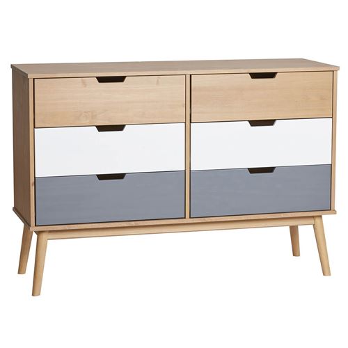 MARAS - Commode 6 Tiroirs Bois Massif, Blanc et Gris -
