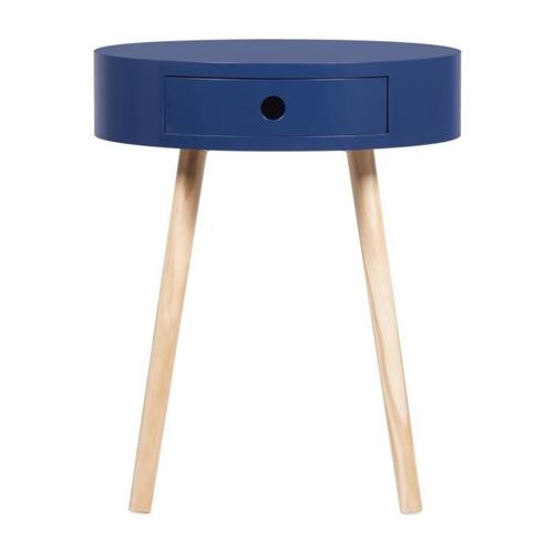 Table de chevet avec 1 tiroir - MDF laque avec pietement en Bois pin massif - Bleu fonce - Joe
