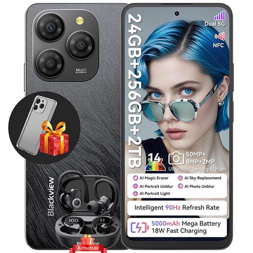 Blackview Shark 9 Smartphone Débloqué 5G Téléphone Portable Android 6.67 24Go+256Go 5000mAh 50MP NFC Noir avec Blackview Airbuds 60