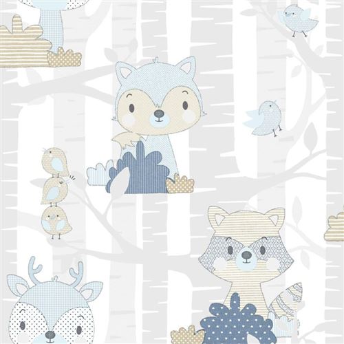 Noordwand Papier peint Mondo baby Forest Animals Blanc et bleu