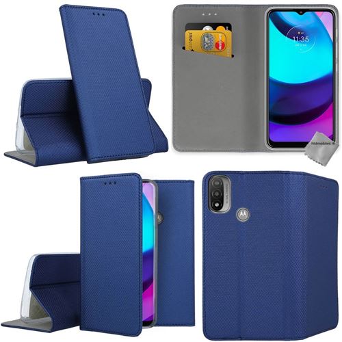 Housse etui portefeuille avec coque intérieure en silicone pour Motorola Moto E20 / E30 / E40 - verre trempe inclus - BLEU MAGNET - htdmobiles