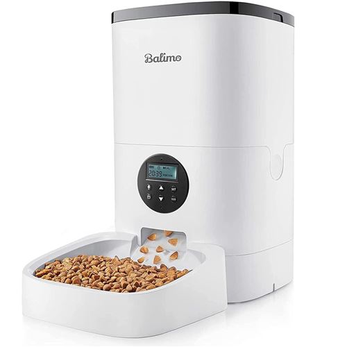Comparer les prix de Balimo 4L Distributeur Automatique de Croquettes pour Chats&Chiens, Fonction vocale 10s, 1-4 Repas par Jour, Blanc