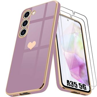 Coque pour Samsung Galaxy A35 5G - Violet Antichoc en Silicone Hybride avec Motif d'Amour Cœur Plaqué + 2 Verres Trempés - BOOLING - 1