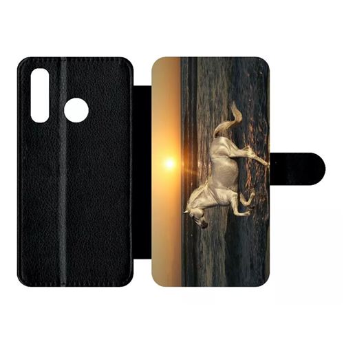 Etui My-Kase pour P30 lite - cheval blanc couché de soleil sur la plage - Simili-cuir Noir