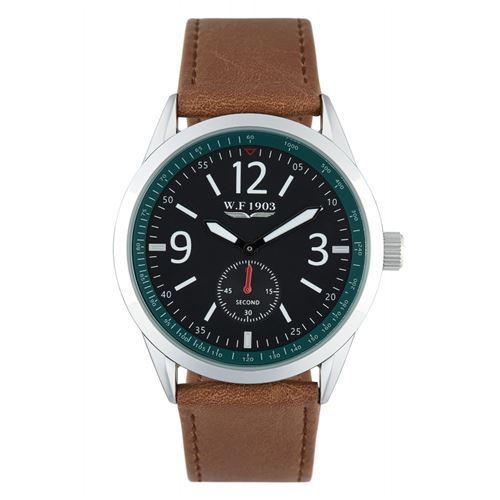 Montre Homme W.F 1903 à Quartz Cadran Noir 42 mm Et Bracelet Argenté En PU WFS18075