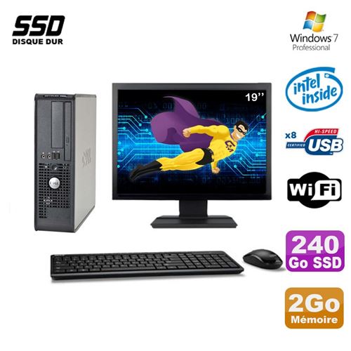 PC Dell 380 Sff E5200 2.5Ghz 2Go 240Go SSD Dvd WiFi Win 7 Ecran 19'