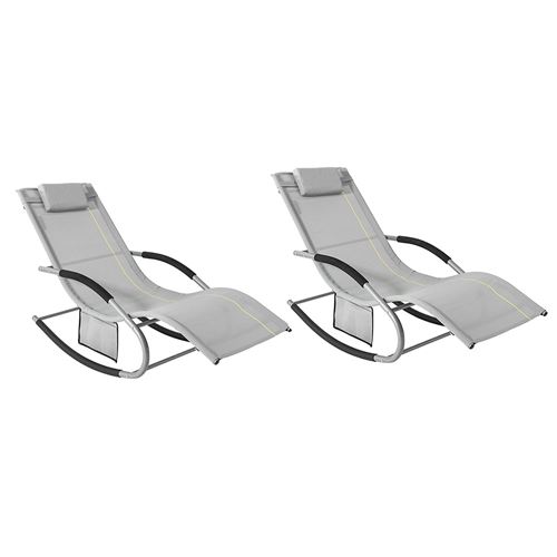 SoBuy OGS28-HG x2 Lot de 2 Bain de Soleil Chaise Longue Fauteuil à Bascule avec Appui-tête et Pochette latérale et Repose-Pieds