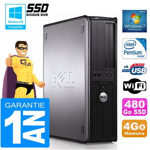 PC Dell 380 Dt Intel E5300 Ram 4Go Disque 480 Go SSD Graveur Dvd WiFi W7