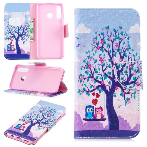 Etui en PU impression de motifs avec support arbre et hiboux pour votre Huawei P30 Lite