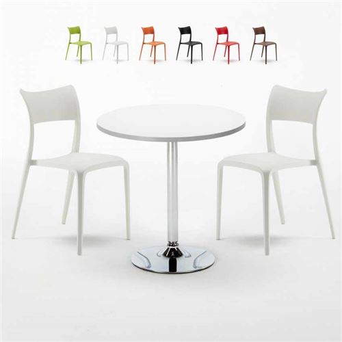Table Ronde Blanche 70x70cm Avec 2 Chaises Colorées Set Intérieur Bar Café Parisienne LONG Island, Couleur: Blanc