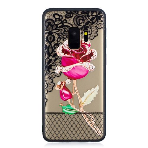 Coque en TPU dentelle motif 3D diamant fleur hybride rose pour votre Samsung Galaxy S9 G960