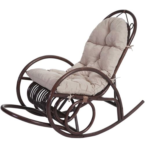 Fauteuil à bascule MENDLER HWC-C40 en rotin marron rembourrage crème