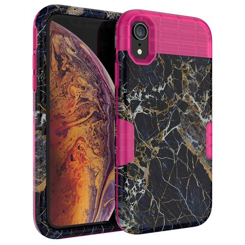 Coque en silicone hybride 3-en-1 en marbre à l'épreuve des chutes couleur rose pour votre Apple iPhone XR 6.1 inch