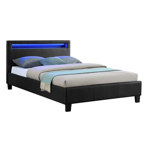 Lit LED simple MIIRANDO 120x190 cm, avec sommier, rev&ecirc;tement synth&eacute;tique noir