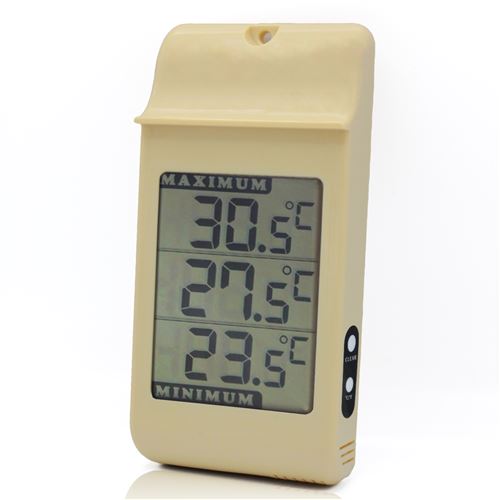 FISHTEC Thermometre Mini/Maxi Grands chiffres - Interieur et Exterieur - Accroche Murale - Memoire des temperatures mini et maxi - 16 CM x 8 CM
