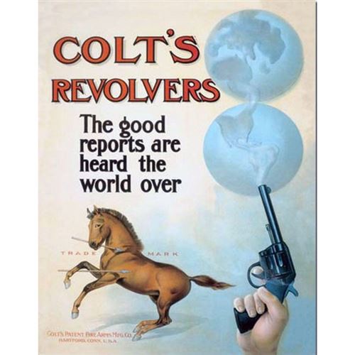 Plaque colt's pistolet revolvers tole deco publicitaire usa