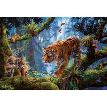 Puzzle adulte tigre et bebes tigres dans la foret - 1000 pieces