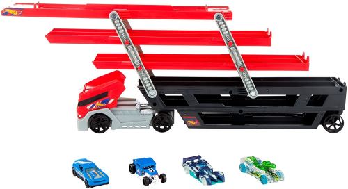 Mega camion transporteur hot wheels : 43.5cm avec 6 panneaux de stationnement + 4 vehicules hot wheels