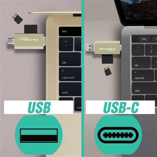 Akashi - Lecteur de Carte SD et Micro SD 3 en 1 USB Micro USB et USB Type C  Akashi Gris - Clés USB - Rue du Commerce