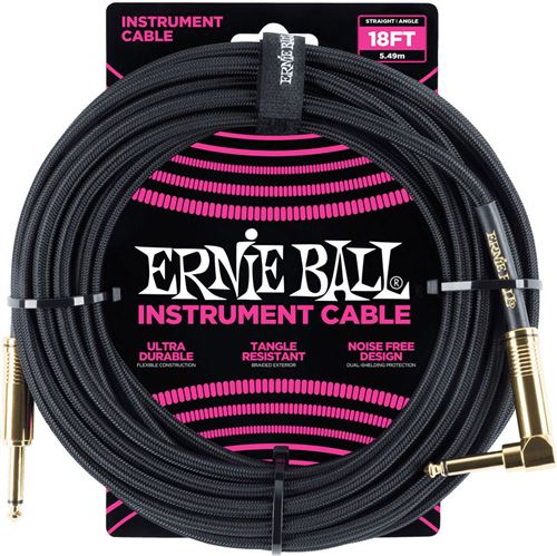 Ernie Ball 6086 - Câble gaine tissée noir jack-jack coudé - 5,5m
