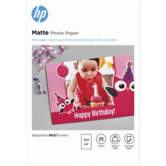 HP - Mat - 8,8 millièmes de pouce - 100 x 150 mm - 180 g/m² - 25 feuille(s) papier photo - pour Deskjet Ink Advantage 1275; OfficeJet 20X, 38XX, 52XX, 57XX, 68XX, 69XX, 80XX, 8702, 9012 - 1