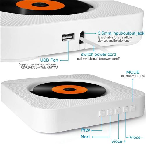 KINGCOO Lecteur CD Murale Bar Haut-Parleur Bluetooth, Portable Home Audio  avec Télécommande Radio FM intégré Enceinte HiFi USB MP3 (Blanc)