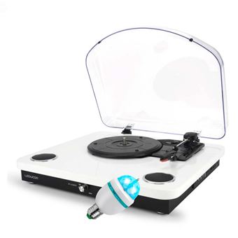 Platine vinyles Ledwood ROUND300 Blanche  - 33-45-78 Tours, haut-parleurs stéréo 2x5W, Encodage USB, Bluetooth, Ampoule LED - 1