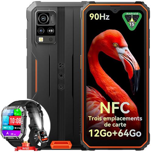 Blackview BV4800 SE Téléphone Portable Incassable,Android 15 Smartphone 12Go+64Go,6.56 HD+ 90Hz,Dual SIM 4G Orange avec Smartwatch Blackview W60