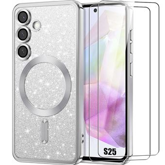 Coque + 2 Verres Trempés pour Samsung Galaxy S25, avec Cercle Magnétique Protection Caméra - Argenté Scintillant - BOOLING - 1