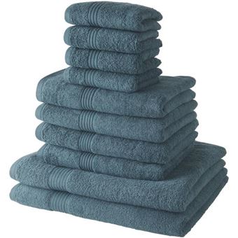 Lot de 10 serviettes de bain TODAY comprenant 4 serviettes 30x50 + 4 serveites 50x90 + 2 Draps de bain 70x130 cm 100% Coton - Paon - 1
