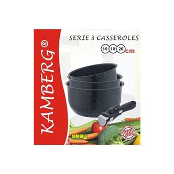 Kamberg - 0008134 - set 3 casseroles inox 16/18/20 cm - revêtement pierre -  manche amovible - tous feux dont induction - sans pfoa - Casserolerie -  Achat & prix