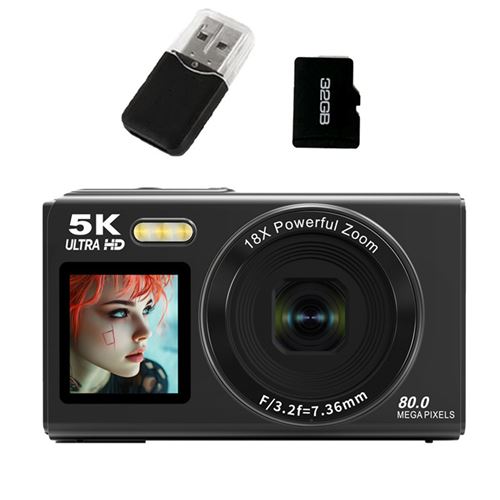 Appareil Photo Num&eacute;rique Compact 5K - Zoom 18X + 80MP + Ecran IPS 2,8"" + Carte 32GB - Noir