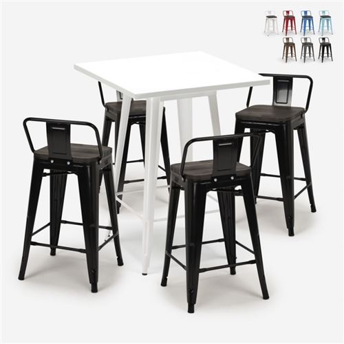 Ensemble 4 Tabourets Tolix Table 60x60cm Métal Blanc Industriel Buch White, Couleur: Noir