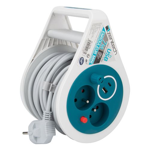 Non Communiqué Bleu Zenitech - Mini Enrouleur 2 Prises P+T + 2 Usb - 7M