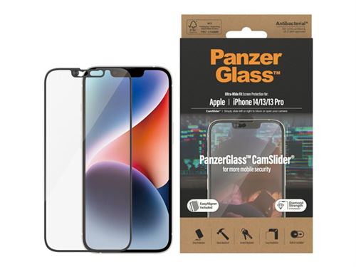 PanzerGlass CamSlider - Protection d écran pour téléphone portable - facile à utiliser - verre - couleur de cadre noir - pour Apple iPhone 13, 13 Pro, 14