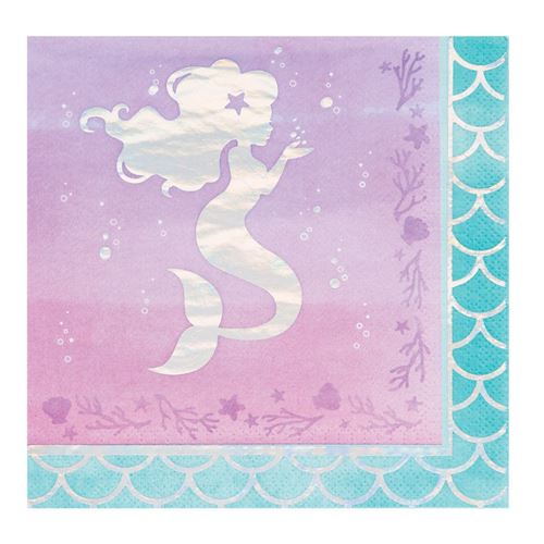16 serviettes sirène irisées 33x33cm