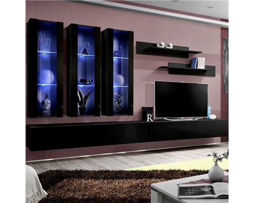 Ensemble meuble TV noir design PIAZZA - L 320 x P 40 x H 190 cm
