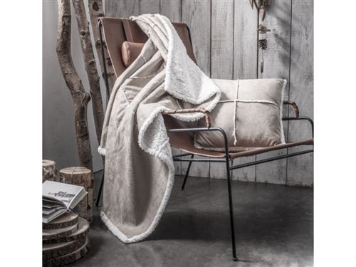 Pack plaid + coussin ANDORRE - 100% Polyester - Plaid 125 x150 cm - Coussin 45x45cm - Taupe et blanc
