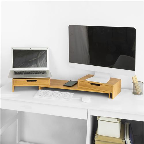 SoBuy® BBF04-N Support de Moniteur Écran Ergonomique Support pour Écran d'ordinateur Universal, Ordinateur Portable ou écran TV Réhausseur d'écran en Bambou avec Longueur et Angle Réglables