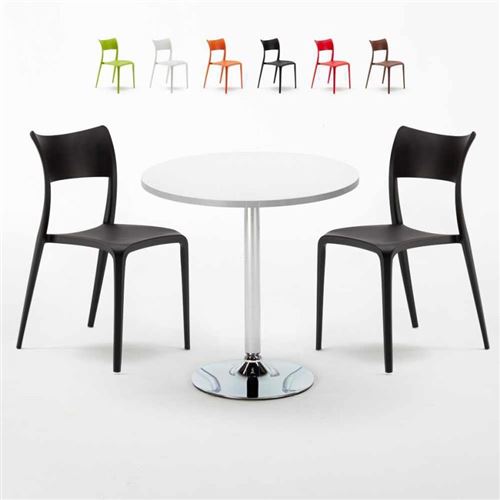 Table Ronde Blanche 70x70cm Avec 2 Chaises Colorées Set Intérieur Bar Café Parisienne LONG Island, Couleur: Noir